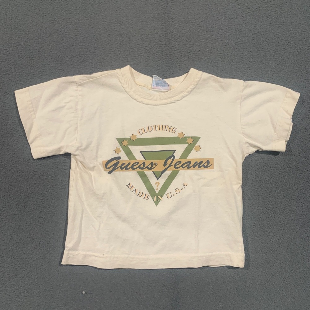 Baby Guess T-Shirt Kids Size M 8-10 VTG 90s Made in USA Cream Graphic Logo Tee